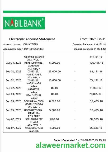 Nepal Nabil Bank electronic account statement Word and PDF template